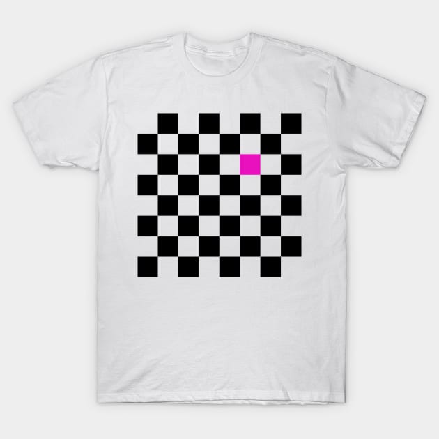 Checkered Black and White with One Hot Pink Square T-Shirt by AbstractIdeas